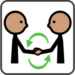 Handshake with arrows showing ongoing connection and follow-up.